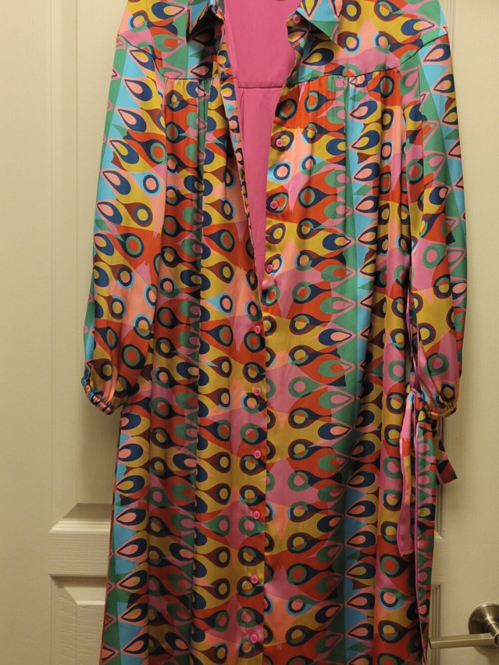 Alden Adair Jane Dress Multicolor Geometric Long-Sleeve with Pink Accents (L).